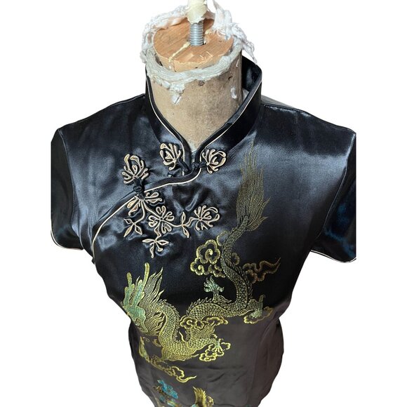 Black Satin NWT Dragon & Phoenix Embroidered Qipao Cheongsam Maxi Dress S/M - Picture 8 of 10